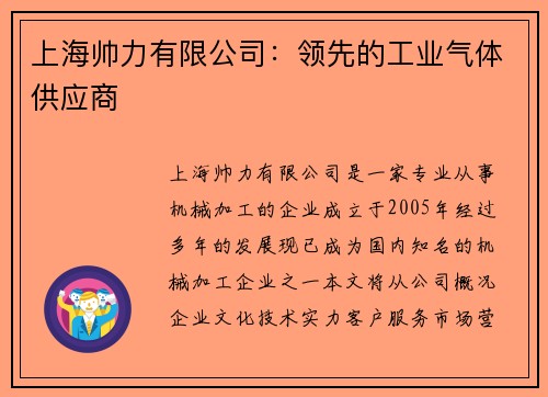 上海帅力有限公司：领先的工业气体供应商