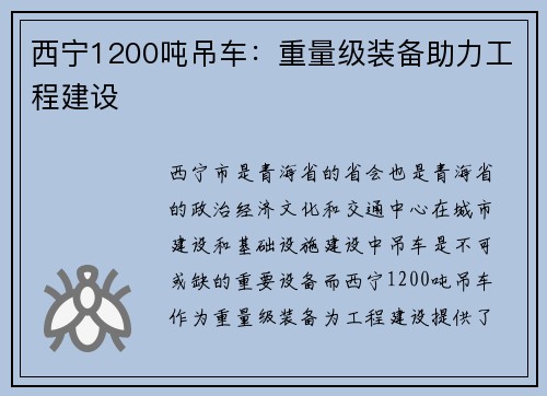 西宁1200吨吊车：重量级装备助力工程建设